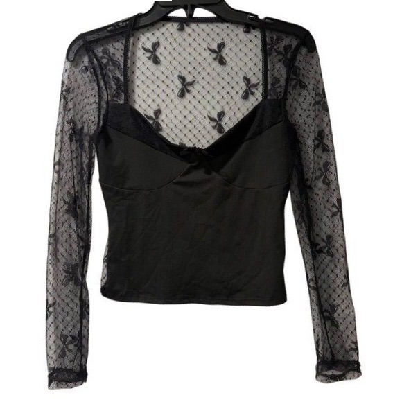 Black Sheer Lace Mesh Top Womens M Y2k Mall Goth Coquette Going Out